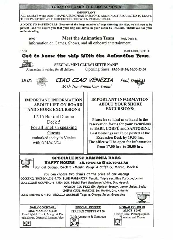MSC Armonia Daily Programme