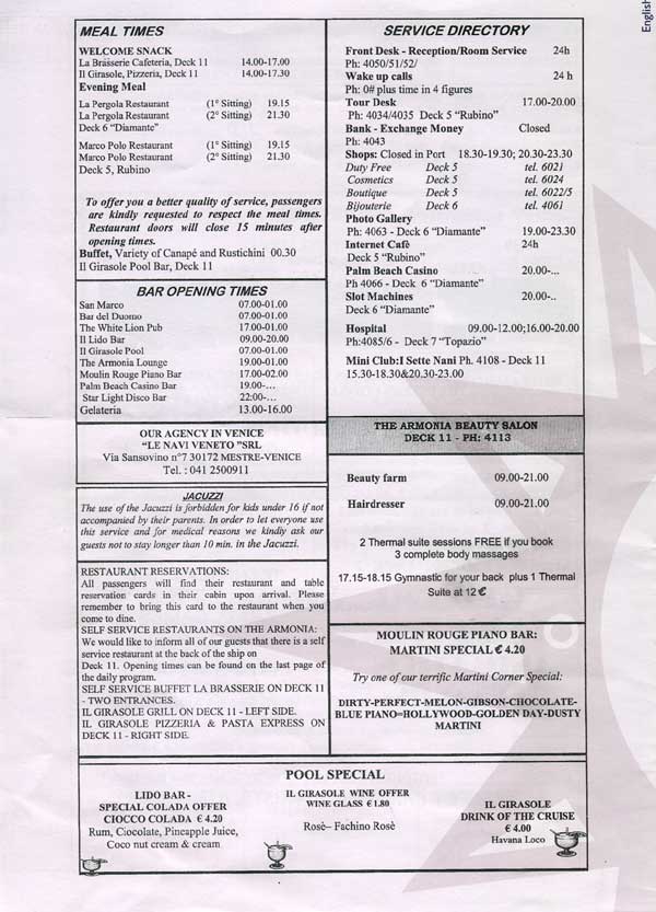 MSC Armonia Daily Programme