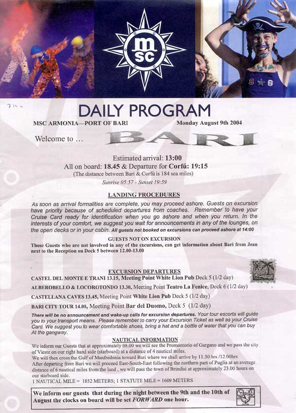 MSC Armonia Daily Programme Bari