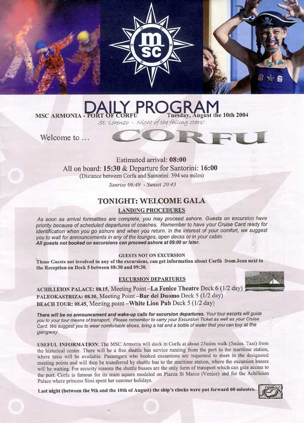 MSC Armonia Daily Programme Corfu