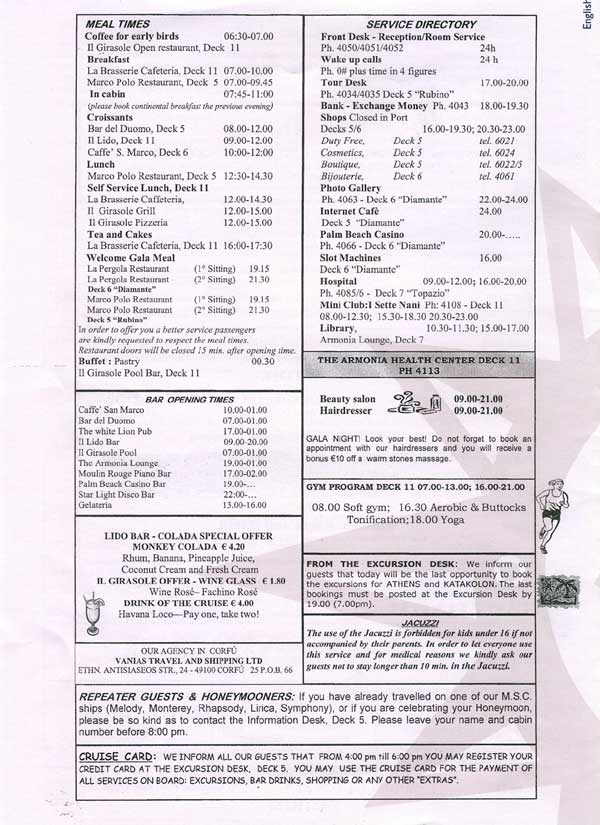 MSC Armonia Daily Programme