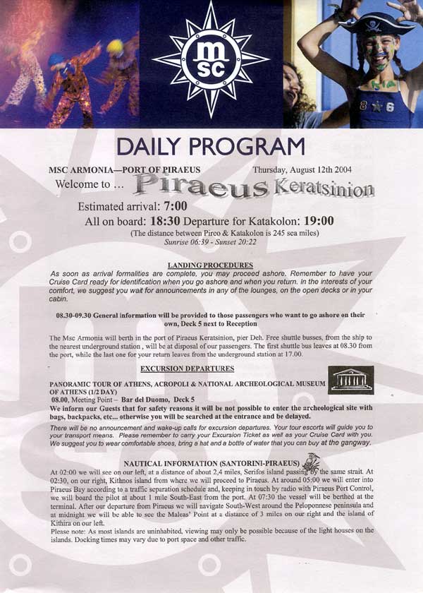 MSC Armonia Daily Programme Piraeus