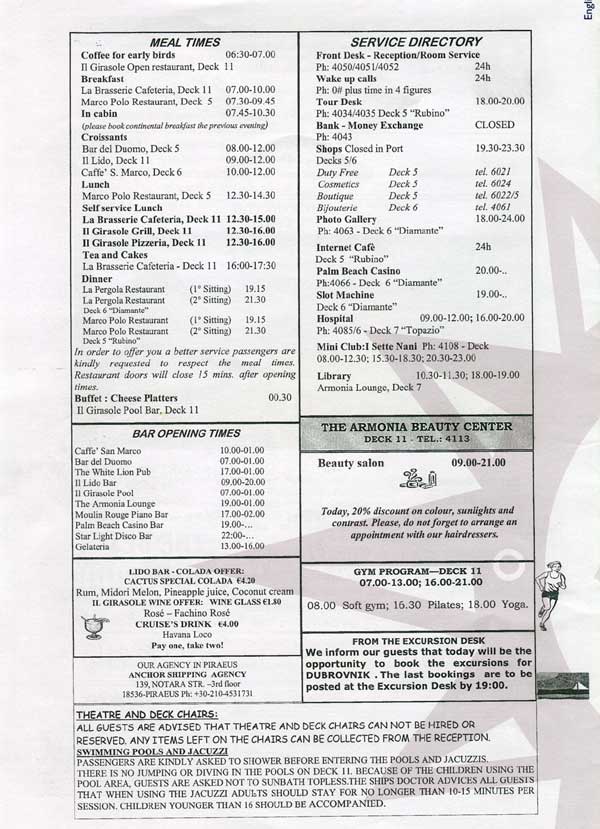 MSC Armonia Daily Programme Piraeus