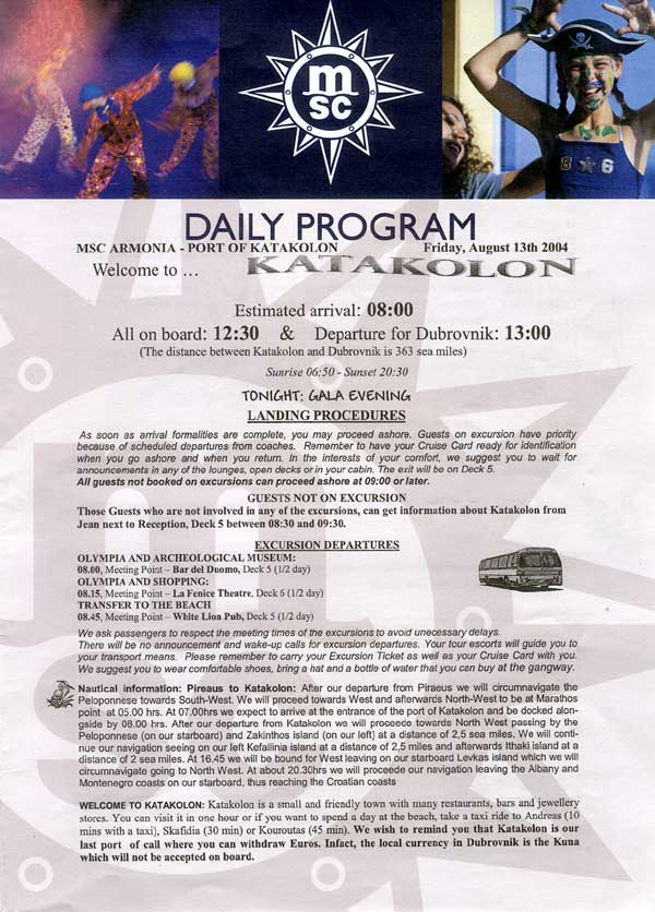 MSC Armonia Daily Programme Katakolon