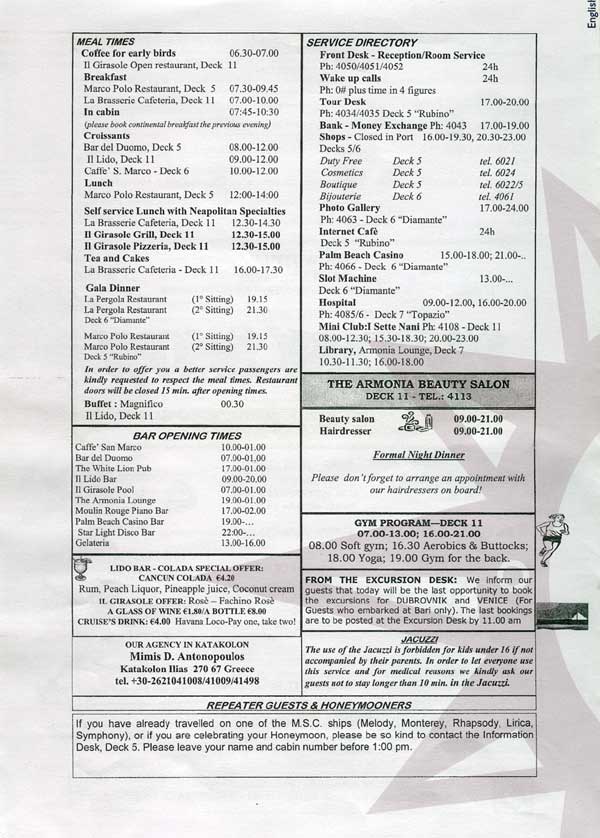 MSC Armonia Daily Programme Katakolon