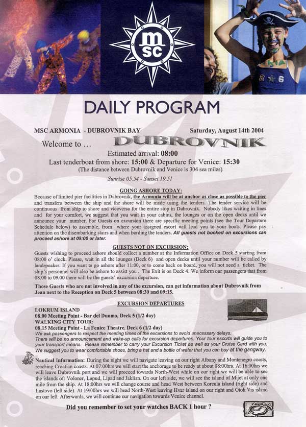 MSC Armonia Daily Programme Dubrovnik