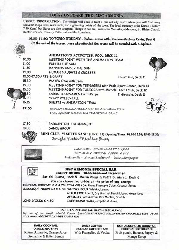 MSC Armonia Daily Programme Dubrovnik