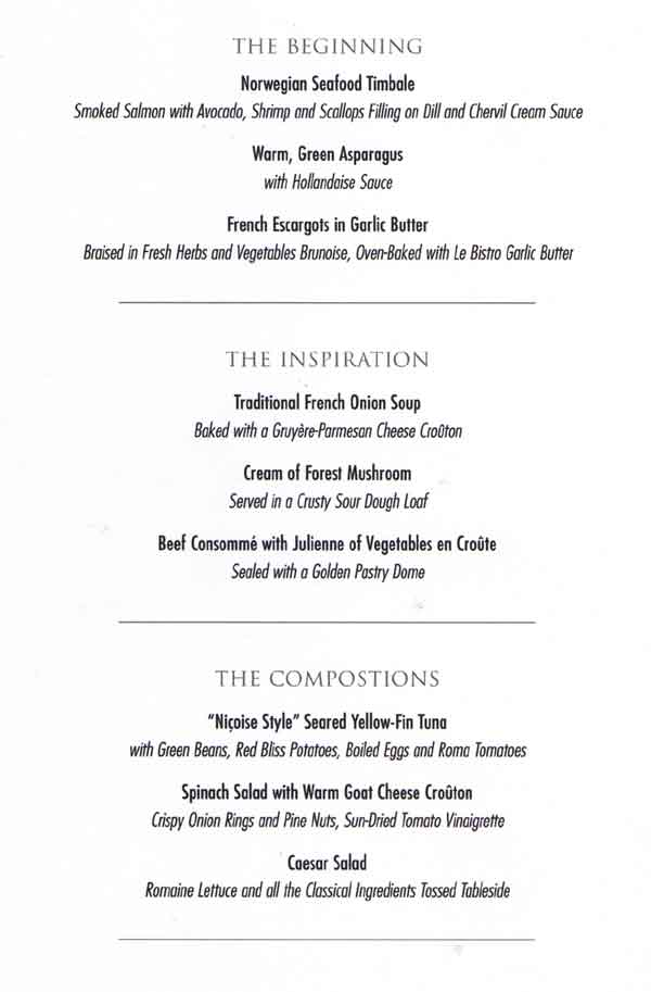 Norwegian Dawn Le Bistro Restaurant Menu