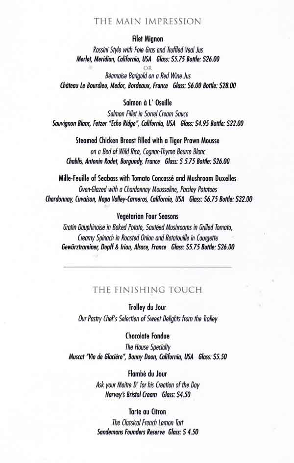 Norwegian Dawn Le Bistro Restaurant Menu
