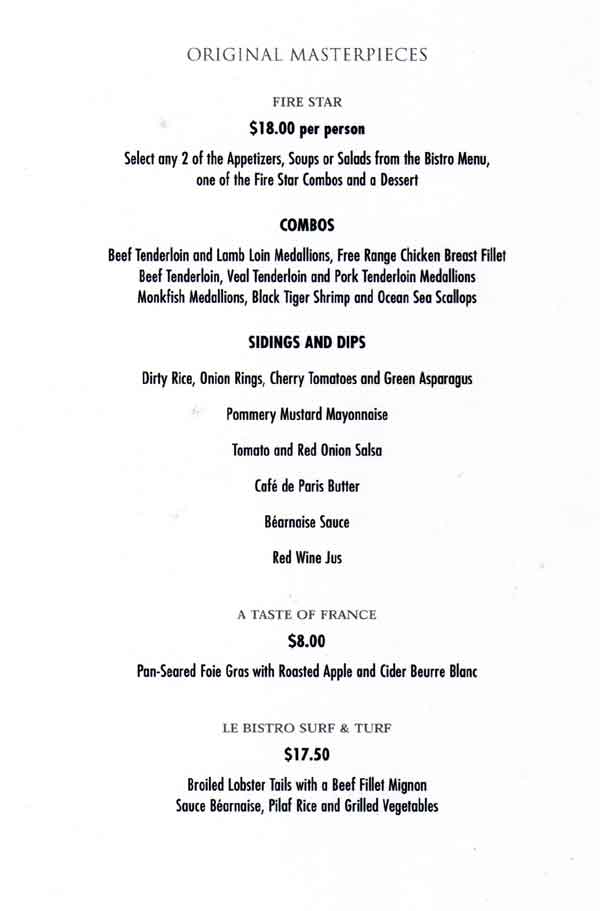 Norwegian Dawn Le Bistro Restaurant Menu