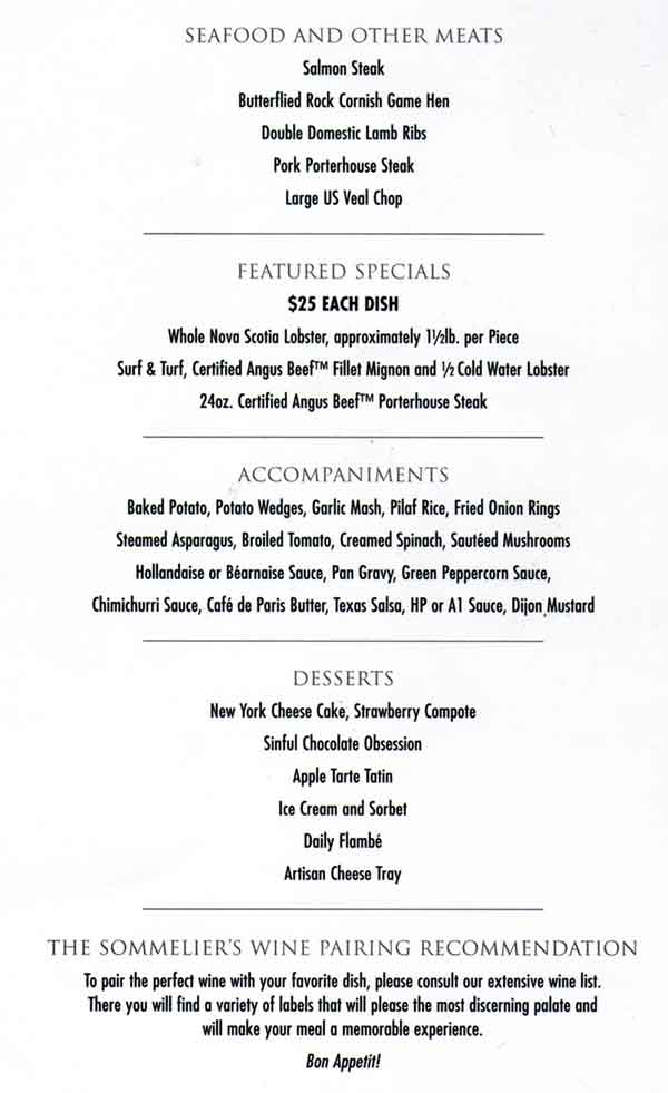 Norwegian Dawn Cagney's Restaurant Menu