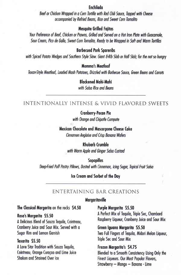 Norwegian Dawn Salsa Restaurant Menu