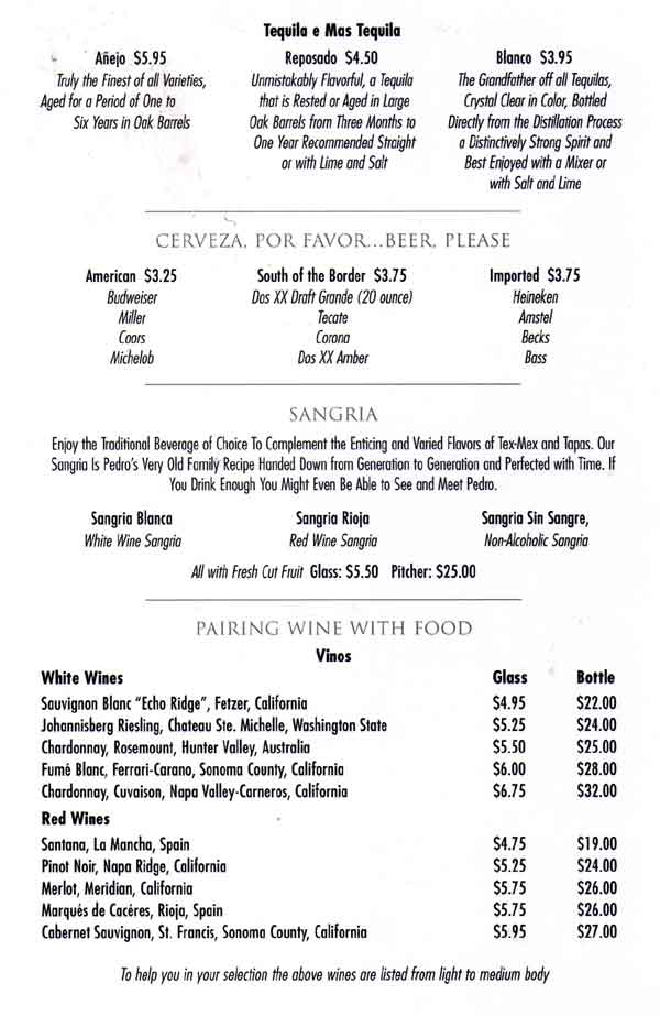 Norwegian Dawn Salsa Restaurant Menu