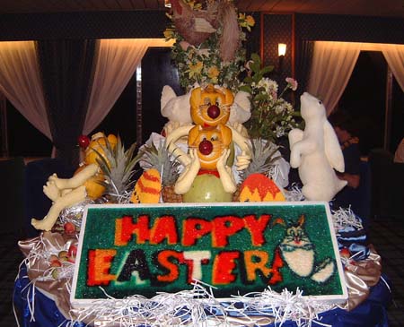 Happy Easter display, made from fruit & butter.