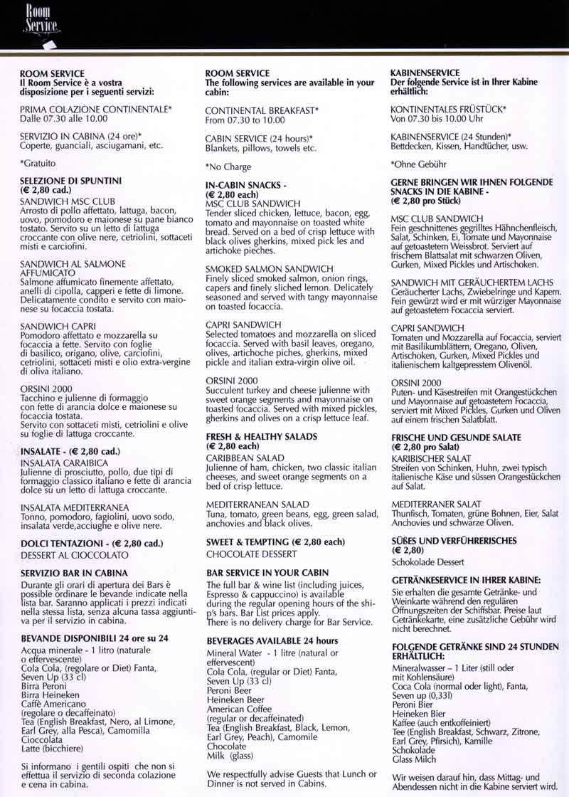 MSC Lirica Room Service Menu
