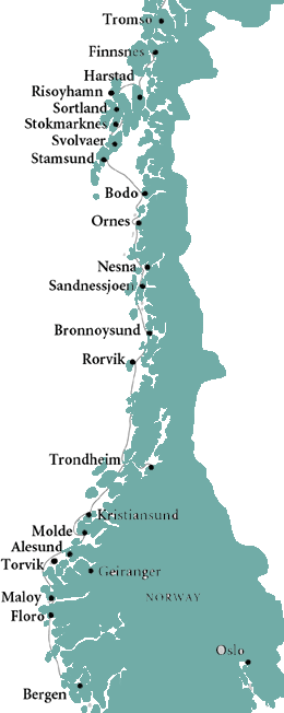 Map of the route sailed, Troms&oslash; to Bergen