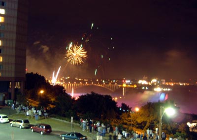 Fireworks and Light Show over the Falls - Rainbow Bridge with the American Falls