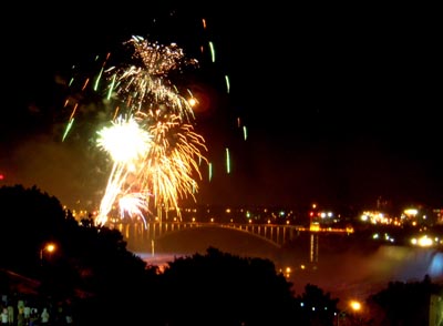 Fireworks and Light Show over the Falls - Rainbow Bridge with the American Falls
