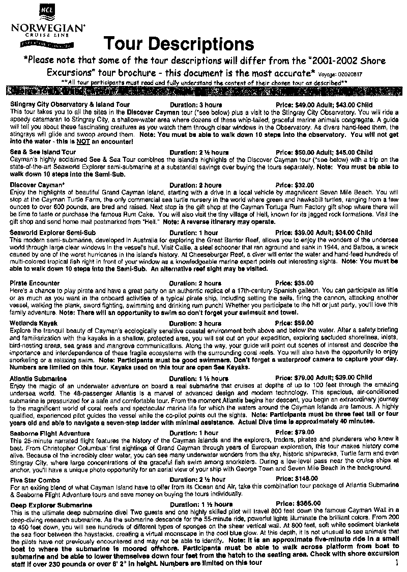 Norwegian Sun tours, week 17 Aug 2002 One